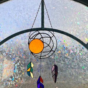 Dream Catcher . Stained glass. Tiffany technology. Moon and feathers.